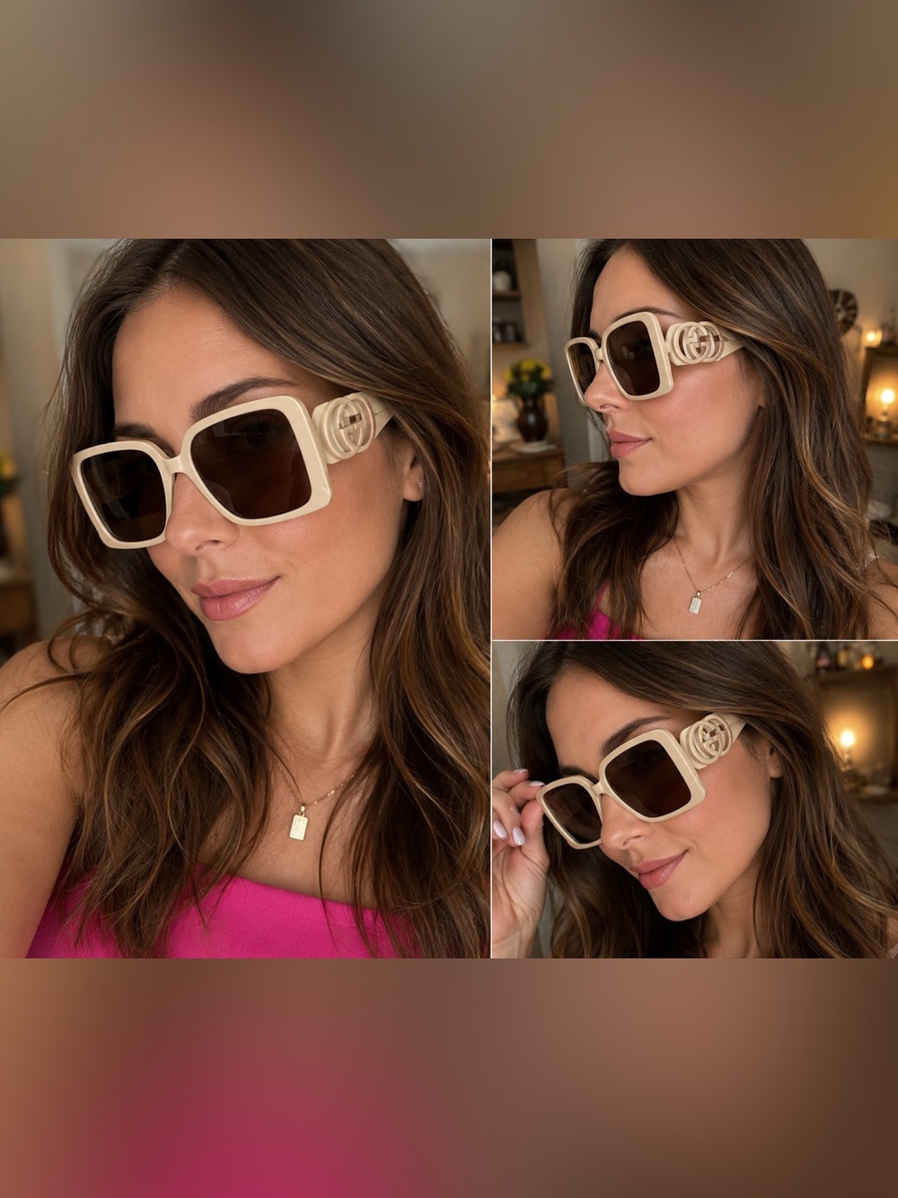 Source Unknown Cream Square Frame Sunglasses with Brown Lenses